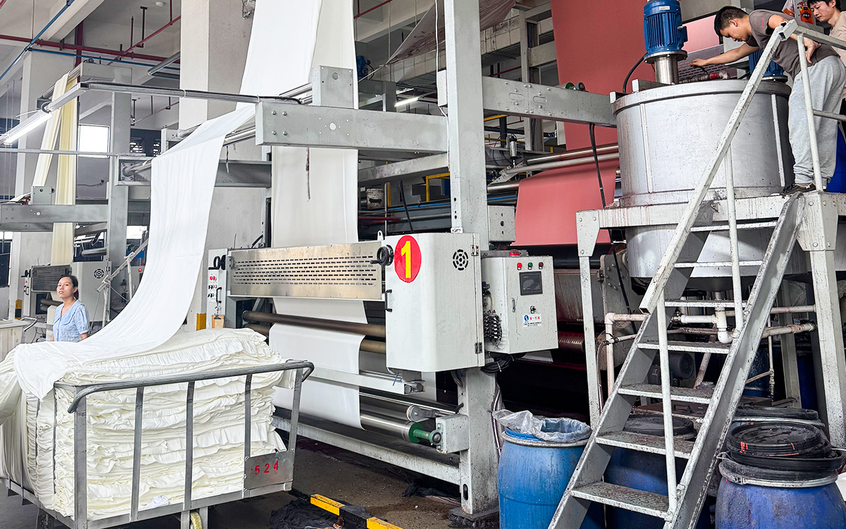 Fabric manufacturing process showing knitting, dyeing and quality inspection in lanfex textile factory